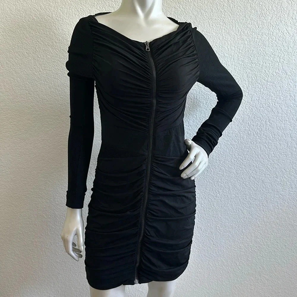 Rag & Bone Front Ruched Front Zipper Long Sleeve Black Mini Dress Women's size 6